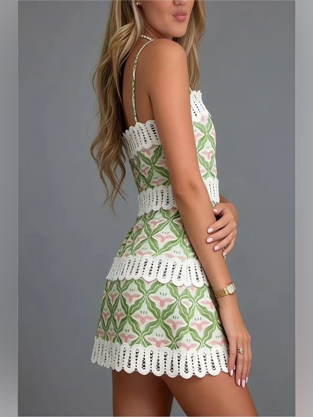 NWT Lace-Trim Green Patterned Mini Dress - Picture 5 of 5